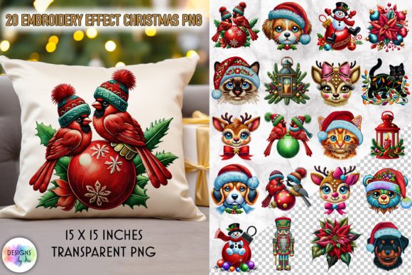 Embroidery Effect Christmas Clipart PNG for Crafts and Graphics