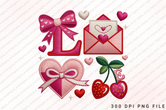 Love Embroidery Hearts Bow PNG for T-Shirt Designs and Graphics
