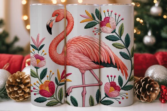 Pink Flamingo Embroidery 20oz Tumbler Graphics